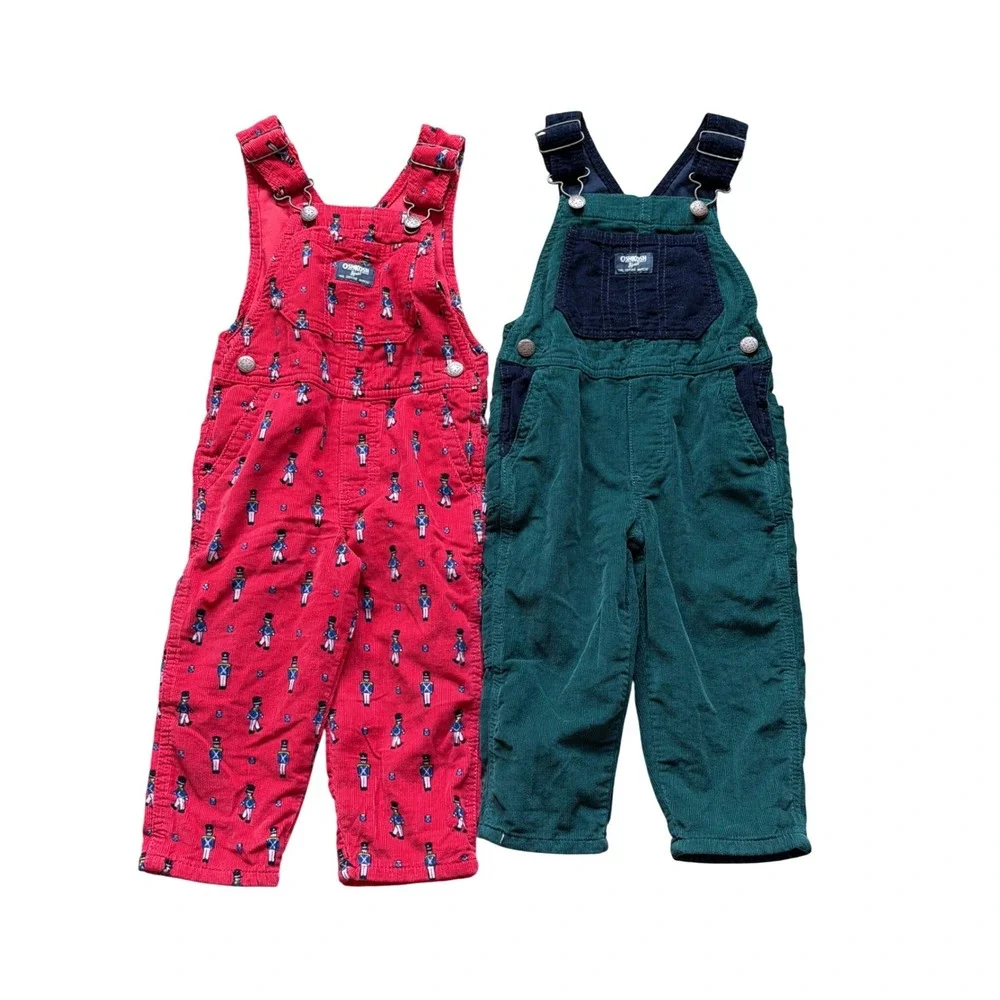 OshKosh B'gosh Corduroy Overalls Kids 2T Red Nutcracker Green Colorblock Bundle‎
